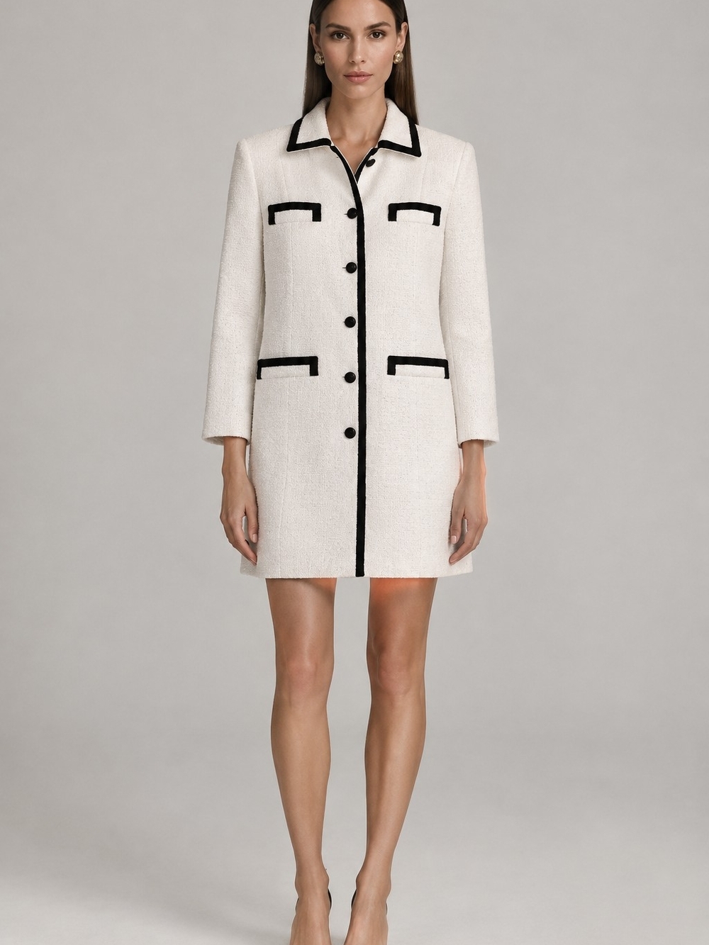 Dana Buchman White bouclé Wool-blend Coat Dress black trim Quiet Luxury Winter